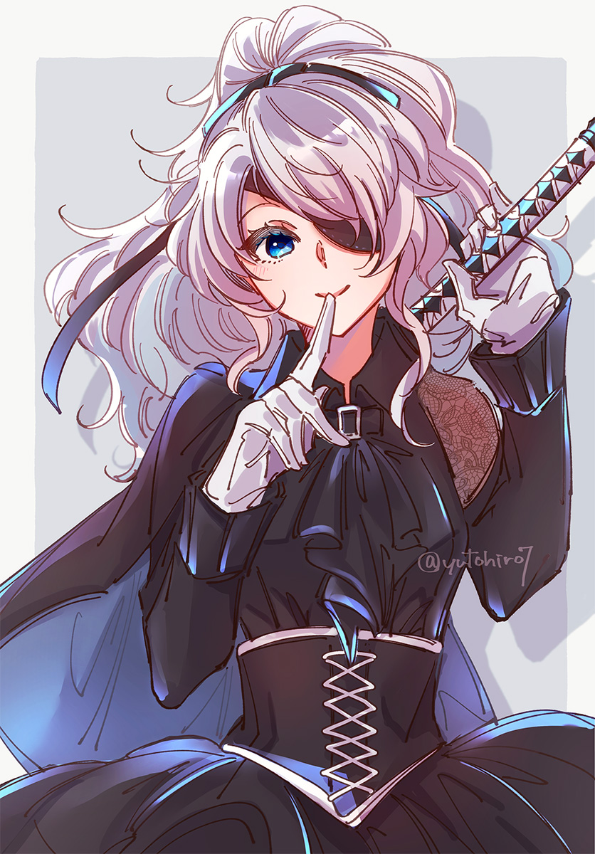 1girl a4_(yorha) big_hair black_dress black_ribbon blue_eyes blush dress eyepatch finger_to_mouth gloves grey_background hair_ribbon highres holding holding_sword holding_weapon katana lace long_hair looking_at_viewer ponytail ribbon side_cape simple_background smile solo sword twitter_username upper_body weapon white_gloves white_hair yorha yutohiroya