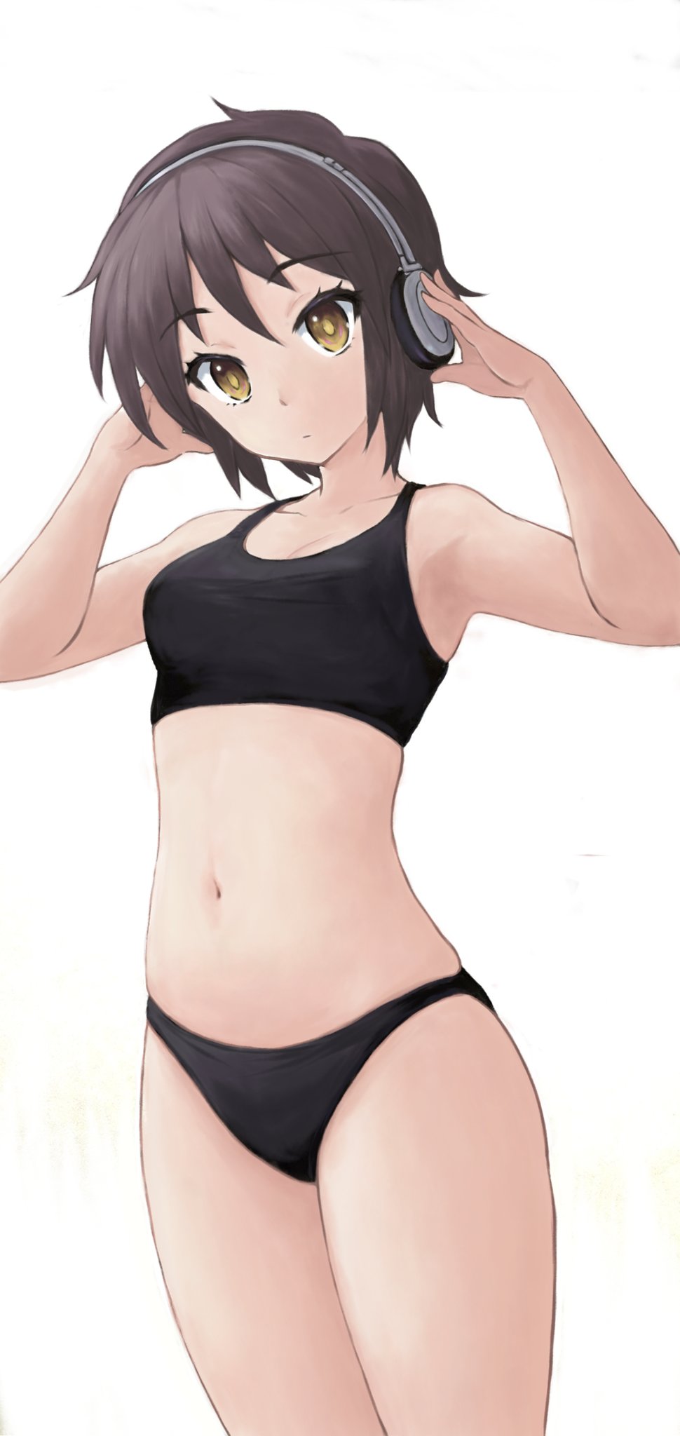 1girl bikini black_bikini blush breasts cleavage closed_mouth collarbone expressionless gyupolo9 headphones highres looking_at_viewer nagato_yuki navel purple_hair short_hair simple_background small_breasts solo suzumiya_haruhi_no_yuuutsu swimsuit white_background yellow_eyes