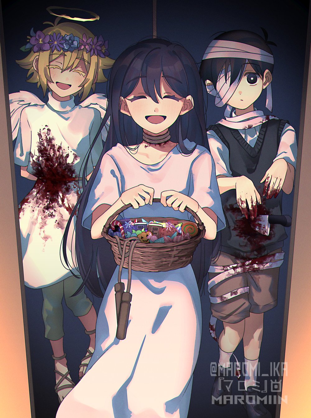 1girl 2boys angel angel_wings artist_name basil_(faraway)_(omori) basil_(omori) basket black_footwear black_hair black_sweater_vest blonde_hair blood blood_on_clothes bloody_knife blush bright_pupils brother_and_sister brown_footwear brown_shorts closed_eyes collared_shirt fake_halo fake_wings flower halloween_costume halo head_wreath highres holding holding_basket injury jump_rope knife long_hair mari_(faraway)_(omori) mari_(omori) maromichan multiple_boys mummy_costume noose omori open_mouth rope_marks sandals shirt short_sleeves shorts siblings smile socks spoilers sunny_(omori) sweater_vest twitter_username white_pupils white_shirt white_socks wings