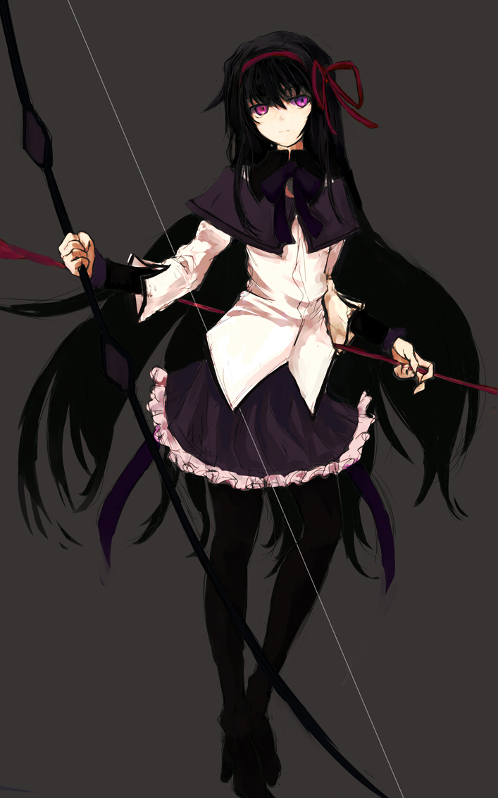 10s 1girl akemi_homura akemi_homura_(magical_girl) arrow_(projectile) asagi_(kabocha_oukoku) asagi_shii bad_id bad_pixiv_id black_hair black_pantyhose bow_(weapon) female_focus hair_ribbon long_hair magical_girl mahou_shoujo_madoka_magica mahou_shoujo_madoka_magica_(anime) pantyhose purple_eyes ribbon simple_background sketch solo spoilers very_long_hair weapon