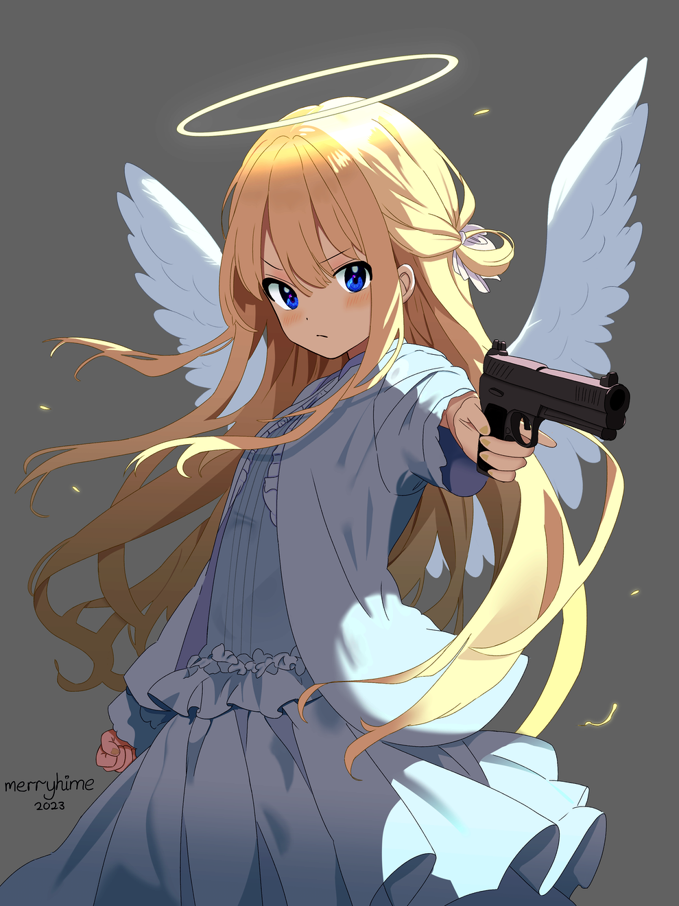 2023 angel blonde_hair blue_dress blush clenched_hand closed_mouth cowboy_shot dress frills frown grey_background gun halo handgun high_contrast highres holding holding_gun holding_weapon long_hair long_sleeves looking_at_viewer merryhime original sig_sauer_p320 signature simple_background trigger_discipline weapon white_wings wind wings yellow_halo