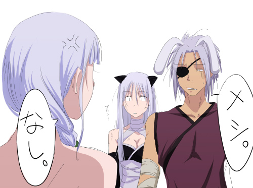 1boy 2girls alchemist_(ragnarok_online) anger_vein animal_ears assassin_(ragnarok_online) axe_assa bandages_over_clothes black_leotard braid breasts brown_shirt cleavage commentary_request eyepatch gloom_(expression) grey_hair kataasa-ko leotard long_hair looking_at_viewer lowres medium_breasts mr.romance multiple_girls rabbit_ears ragnarok_online shirt short_hair simple_background sleeveless sleeveless_shirt translation_request upper_body white_background