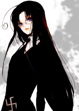 1girl ahoge black_hair blue_eyes female_focus formal_clothes freckles glasses hellsing long_hair lowres necktie purple_eyes rip_van_winkle sabir solo suit swastika