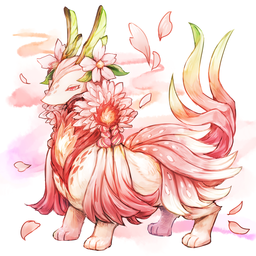 braid expressionless flower full_body half-closed_eyes horns leaf looking_away looking_down monster multiple_tails no_humans original petals pink_eyes pink_flower solo standing sumimoto_ryuu tail white_background wind