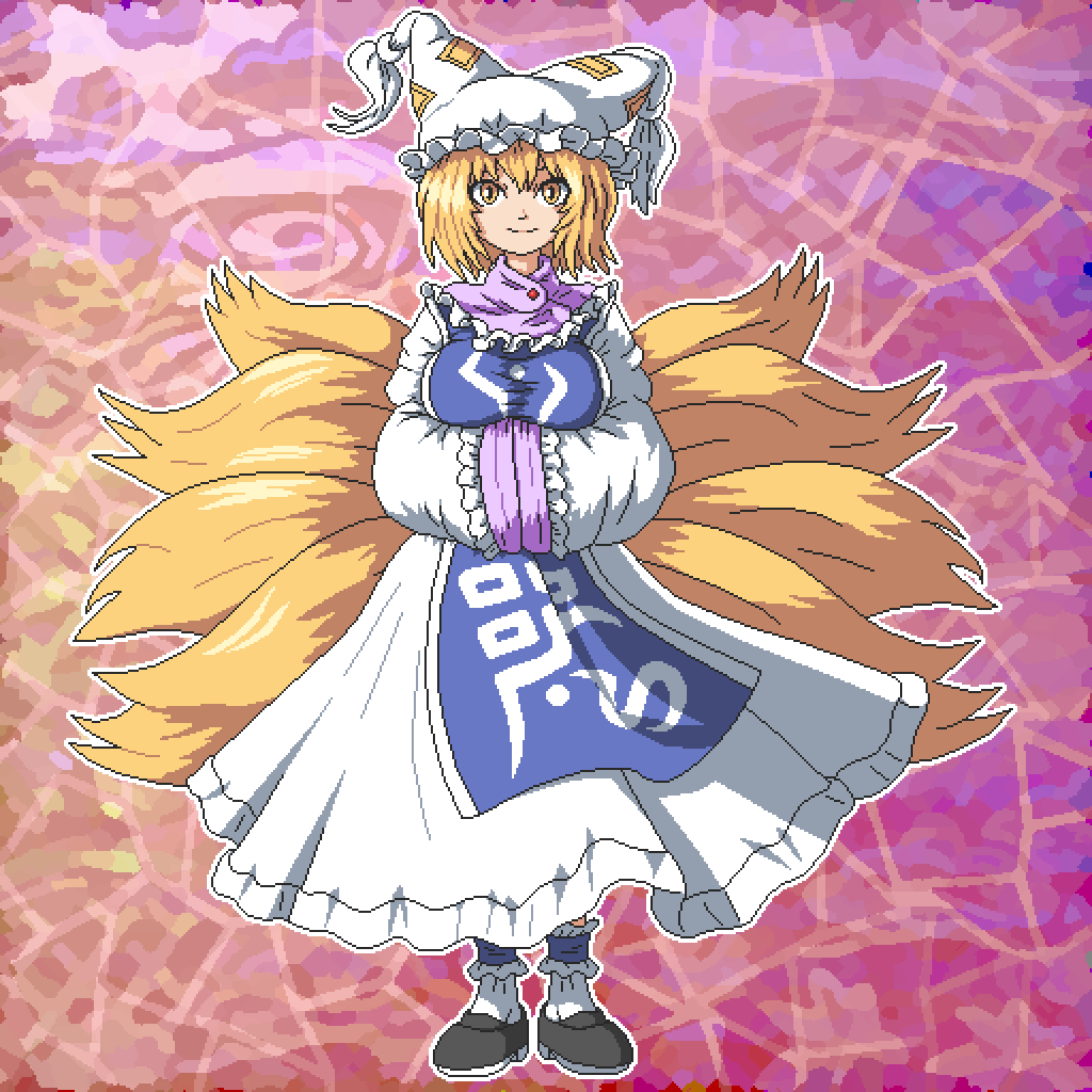 1girl aksawshin black_footwear blonde_hair blue_tabard breasts closed_mouth dress fox_girl fox_tail hands_in_opposite_sleeves hat hat_tassel kitsune kyuubi large_breasts long_sleeves looking_at_viewer mob_cap multiple_tails ofuda ofuda_on_clothes pixel_art slit_pupils smile socks solo standing tabard tail touhou white_hat white_socks wide_sleeves yakumo_ran yellow_eyes