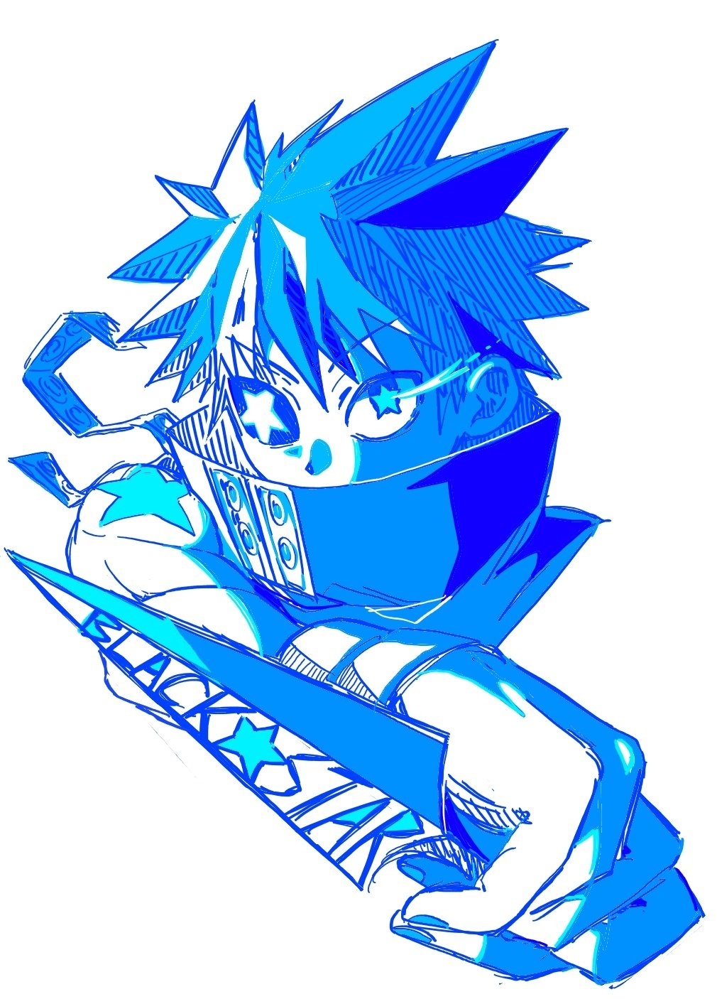 1boy arm_tattoo black_star blue_theme character_name commentary_request high_collar highres holding holding_shuriken holding_weapon korean_commentary male_focus mlgdhh shuriken simple_background sleeveless solo soul_eater star-shaped_pupils star_(symbol) symbol-shaped_pupils tattoo weapon white_background