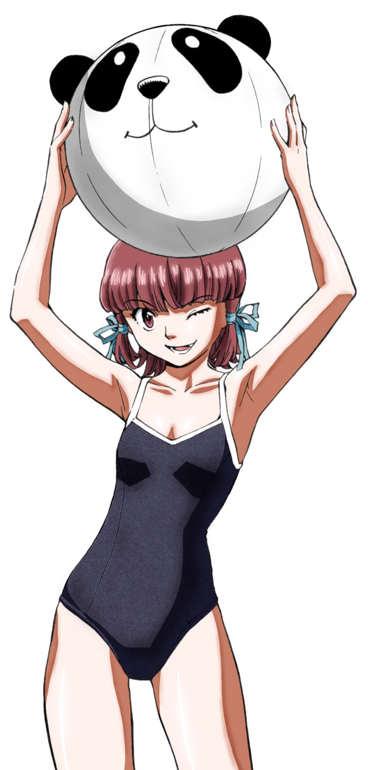 00s 1girl ;d azusagawa_mizuno ball beachball black_one-piece_swimsuit breasts brown_eyes brown_hair female_focus hair_ribbon highres non-web_source one-piece_swimsuit one_eye_closed open_mouth panda ribbon school_swimsuit small_breasts smile solo swimsuit wink yakitate!!_japan