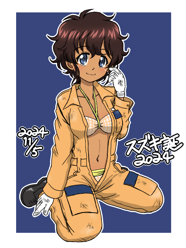 1girl 2024 bikini bikini_under_clothes black_footwear blue_background blue_eyes breasts brown_hair character_name closed_mouth commentary dark-skinned_female dark_skin dated dirty dirty_clothes full_body girls_und_panzer gloves halterneck jumpsuit looking_at_viewer medium_breasts navel orange_jumpsuit outline shoes short_hair sitting smile solo suzuki_(girls_und_panzer) swimsuit takahashi_kurage unzipped wariza white_gloves white_outline yellow_bikini