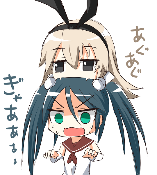 10s 2girls a.a_(aa772) bad_id bad_pixiv_id biting black_eyes blonde_hair blue_eyes blue_hair bow cannibalism fangs gameplay_mechanics hair_bow head_biting isuzu_(kancolle) kantai_collection long_hair multiple_girls school_uniform serafuku shimakaze_(kancolle) twintails white_background