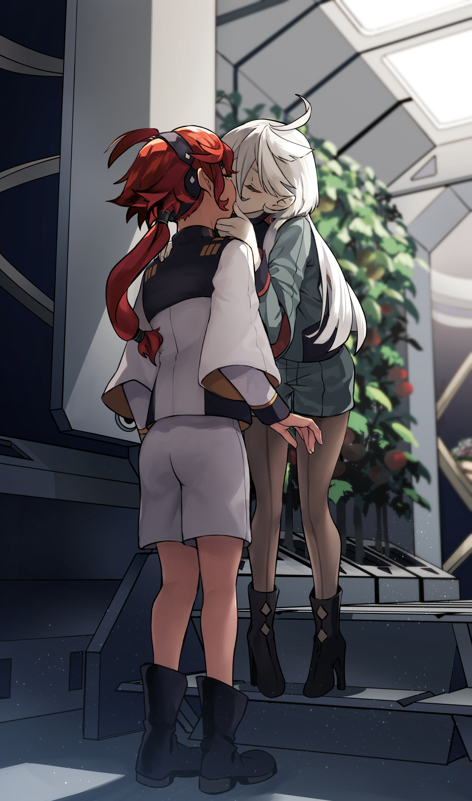 2girls ahoge asticassia_school_uniform boots closed_eyes greenhouse gundam gundam_suisei_no_majo hairband height_difference high_heels highres indoors kiss miorine_rembran mitsu_(tendou_itsuki) multiple_girls pantyhose ponytail red_hair revision school_uniform shorts shoulder_boards suletta_mercury tears white_hair yuri