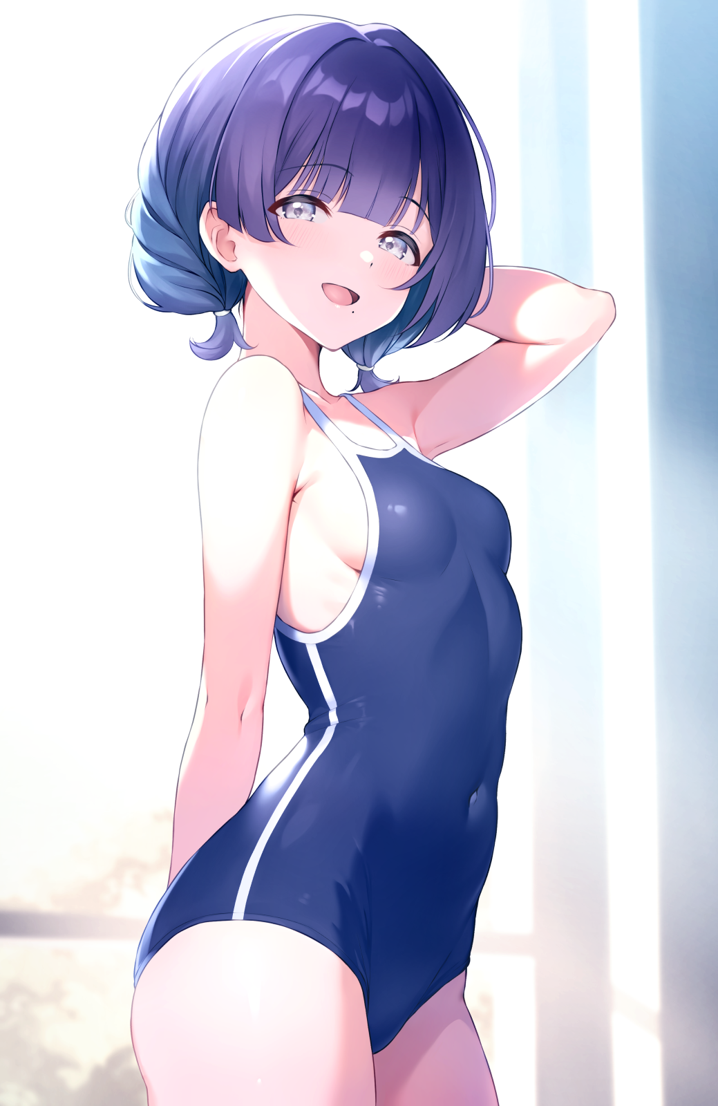 arm_behind_head armpit_crease blue_one-piece_swimsuit blush breasts competition_school_swimsuit covered_navel gakuen_idolmaster hataya_misuzu highres idolmaster looking_at_viewer looking_to_the_side mole mole_under_mouth one-piece_swimsuit purple_hair qianlou_(qianlou12374) school_swimsuit short_twintails sideboob small_breasts smile swimsuit twintails