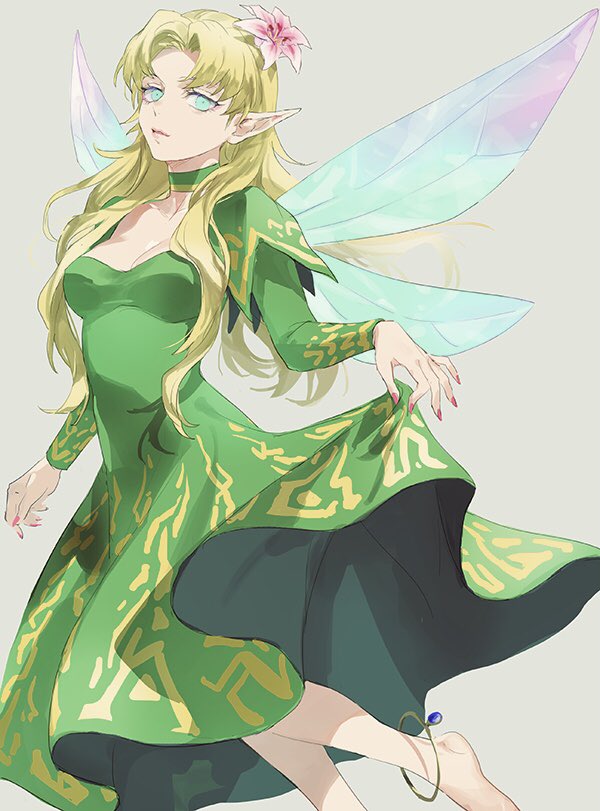 1girl anklet barefoot blonde_hair blue_eyes breasts cleavage closed_mouth clothes_lift commentary_request dress dress_lift fairy fairy_wings floating flower green_dress grey_background hair_flower hair_ornament isa_(peien516) jewelry large_breasts long_hair pink_flower pointy_ears shin_megami_tensei simple_background solo titania_(megami_tensei) wings