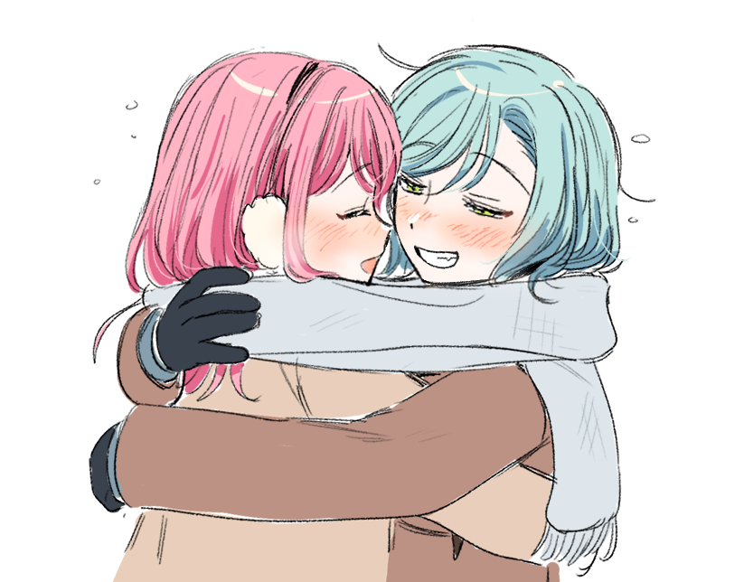 2girls bang_dream! black_gloves blue_hair blush brown_coat chieh closed_eyes coat commentary earmuffs gloves green_eyes grin half-closed_eyes hikawa_hina hug long_hair looking_at_another maruyama_aya multiple_girls pink_hair scarf shared_clothes shared_scarf simple_background smile symbol-only_commentary upper_body white_background winter_clothes yuri