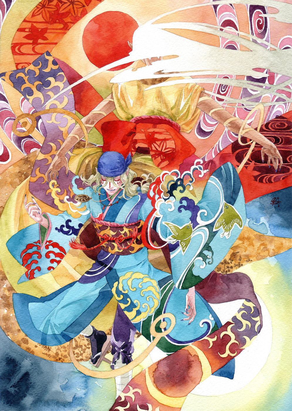 2boys bandana blonde_hair chernotrav dark-skinned_male dark_skin dual_persona facepaint geta highres japanese_clothes jewelry kimono kusuriuri_(dark) kusuriuri_(mononoke) male_focus medallion mononoke multiple_boys necklace painting_(medium) pointy_ears traditional_media watercolor_(medium) white_hair