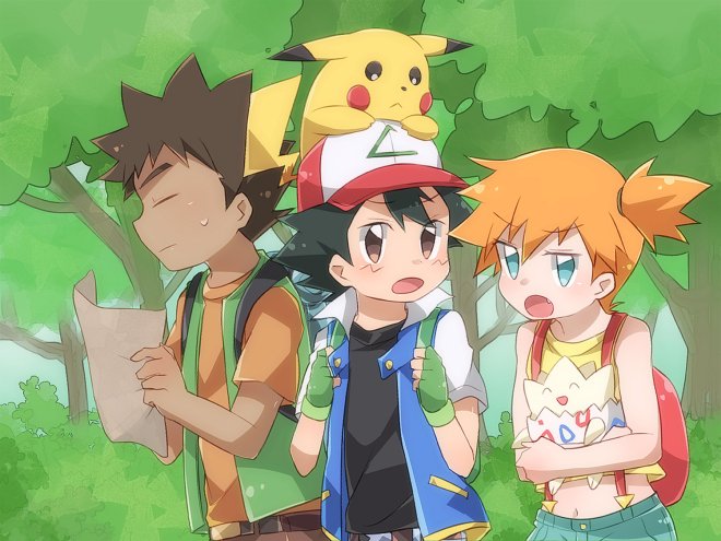 1girl 2boys ash_ketchum back bag bare_arms baseball_cap black_hair blush brock_(pokemon) closed_eyes creatures_(company) denim denim_shorts eyelashes game_freak gen_1_pokemon gen_2_pokemon green_eyes hair_between_eyes hair_tie hat misty_(pokemon) miu_(chuyu825) multiple_boys navel nintendo open_mouth orange_hair pikachu pokemon pokemon_(anime) pokemon_(classic_anime) shirt short_hair shorts smile togepi