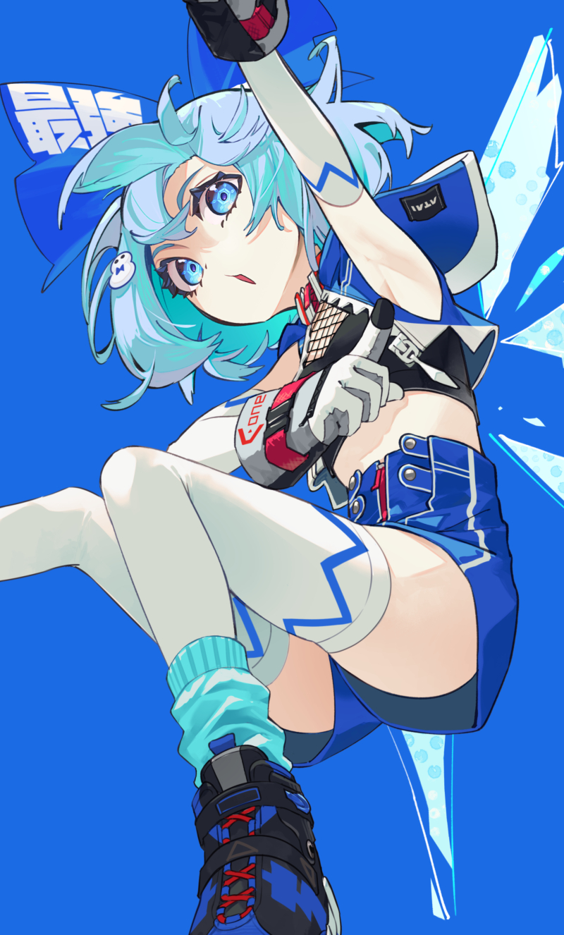 1girl a-one alternate_costume aqua_eyes aqua_hair aqua_socks armpits black_footwear blue_background blue_bow blue_footwear blue_shirt blue_shorts bow cirno commentary crop_top gloves grey_gloves hair_bow high-waist_shorts highres outstretched_arm shirt shoes short_hair shorts sneakers snowman_hair_ornament socks solo syuri22 thighhighs touhou two-tone_footwear white_thighhighs wings