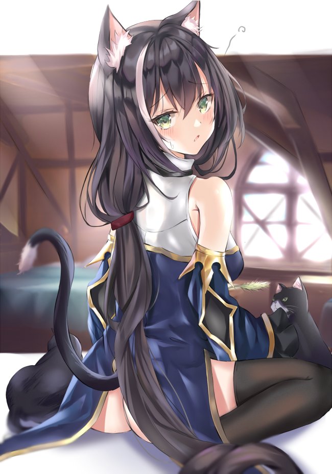 1girl animal animal_ear_fluff animal_ears ass back bad_id bad_twitter_id black_hair black_thighhighs breasts cat cat_ears cat_girl cat_tail commentary_request green_eyes karyl_(princess_connect!) long_hair looking_at_viewer medium_breasts multicolored_hair parted_lips princess_connect! sitting solo streaked_hair tail tail_raised thighhighs very_long_hair white_hair yama_yuu07