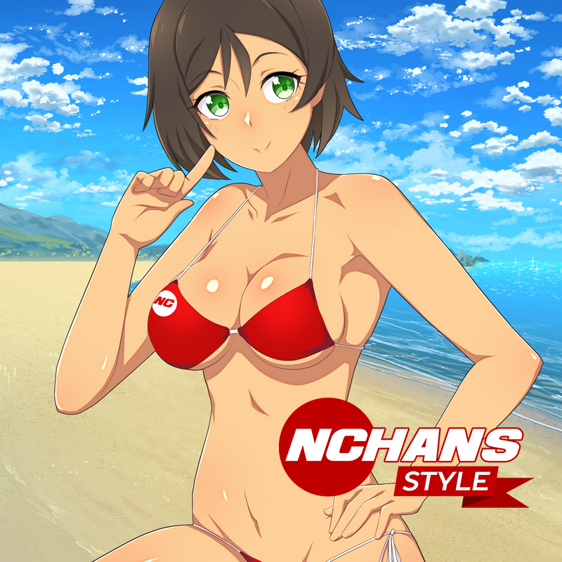 1girl beach bikini breasts brown_hair challengia cleavage cloud dark-skinned_female dark_skin day green_eyes honchan large_breasts logo navel nchans nchans_style ocean official_art orcaleon red_bikini sand short_hair smile swimsuit watermark