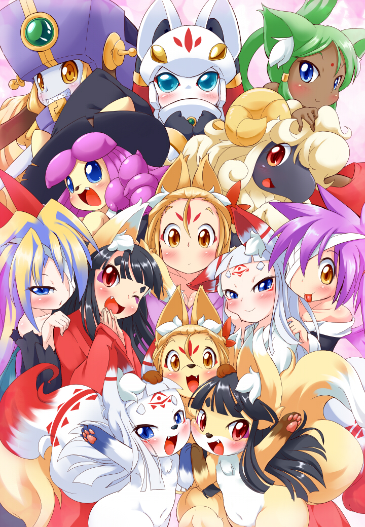 6+girls animal_ears black_hair blonde_hair blue_eyes blush fox_ears fox_tail furry furry_female green_hair horns kiko_(ukan_muri) long_hair looking_at_viewer multiple_girls one_eye_closed open_mouth original purple_hair red_eyes sakame_(ukan_muri) smile tail time_paradox tsune-hime ukan_muri white_hair wink yellow_eyes