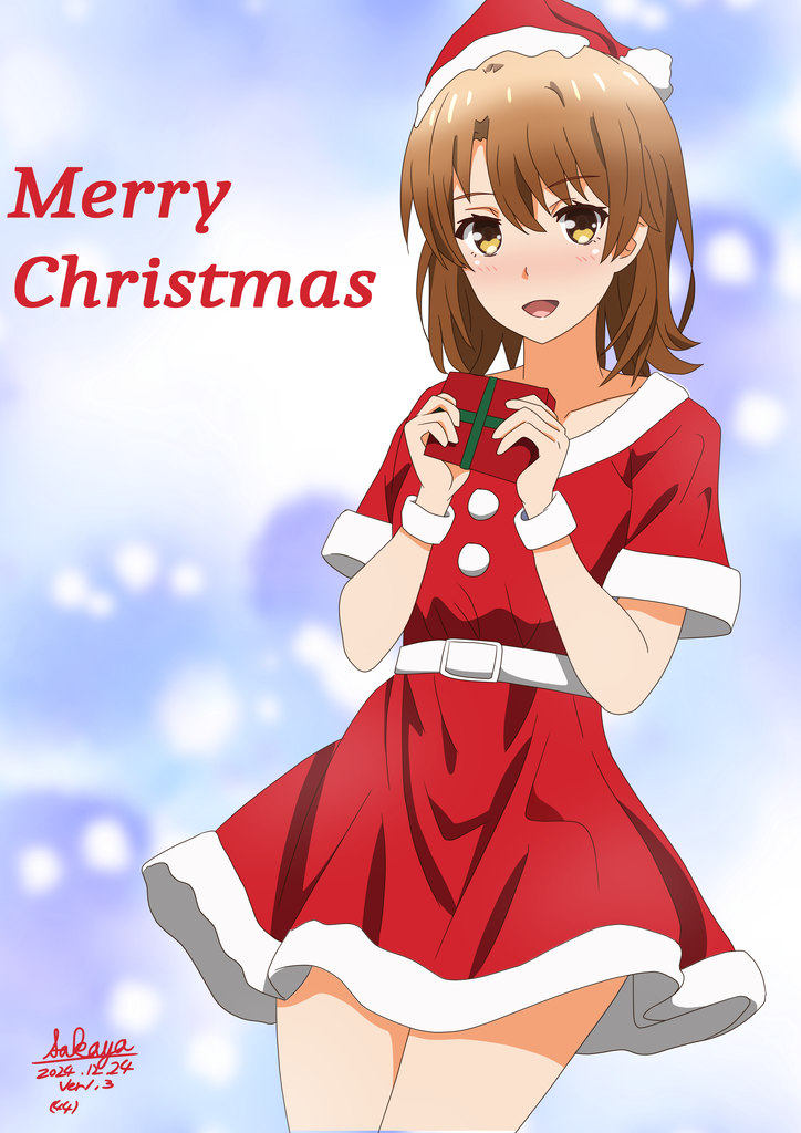 1girl :d alternate_costume belt belt_buckle blush box brown_eyes brown_hair buckle christmas collarbone commentary_request cropped_legs dated dress gift gift_box hair_between_eyes hands_up hat holding holding_gift isshiki_iroha looking_at_viewer merry_christmas open_mouth red_dress red_hat revision sakayaya santa_costume santa_hat short_sleeves signature smile solo standing white_belt yahari_ore_no_seishun_lovecome_wa_machigatteiru.