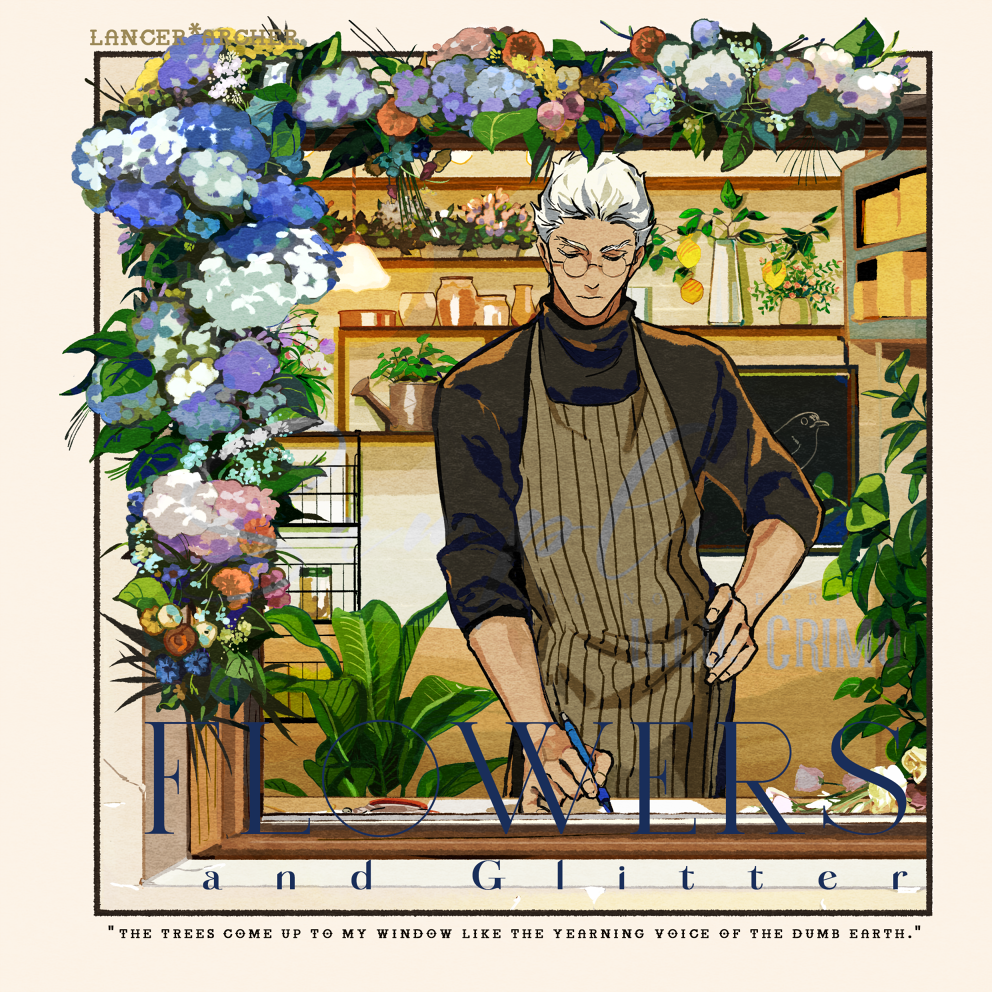 1boy apron archer_(fate) blue_flower chalkboard commentary crimo dark-skinned_male dark_skin english_text fate/stay_night fate_(series) fingernails flower flower_request flower_shop glasses hand_on_own_hip holding holding_pen hydrangea male_focus pen plant potted_plant rose shop short_hair solo striped_apron striped_clothes vase vertical-striped_apron vertical-striped_clothes watering_can white_flower white_hair writing yellow_flower