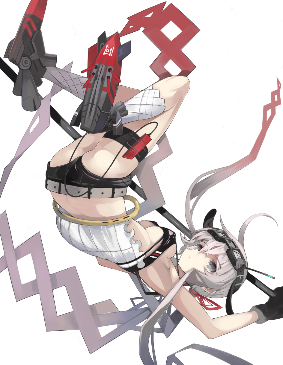 1girl bow breasts falling female_focus grey_eyes grey_hair highres izuru_(timbermetal) long_hair md5_mismatch original resolution_mismatch short_shorts shorts simple_background solo source_larger upside-down very_long_hair