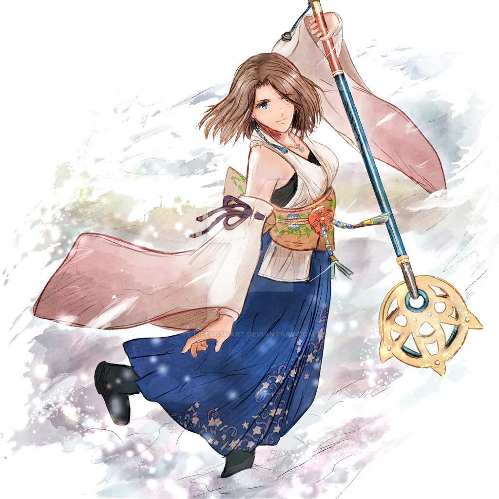 1girl black_boots blue_skirt boots brown_hair clip_studio_paint_(medium) commentary detached_sleeves english_commentary final_fantasy final_fantasy_x holding holding_staff japanese_clothes life_soso_art obi sash short_hair skirt solo staff staff_(ff10) wide_sleeves yuna_(ff10)