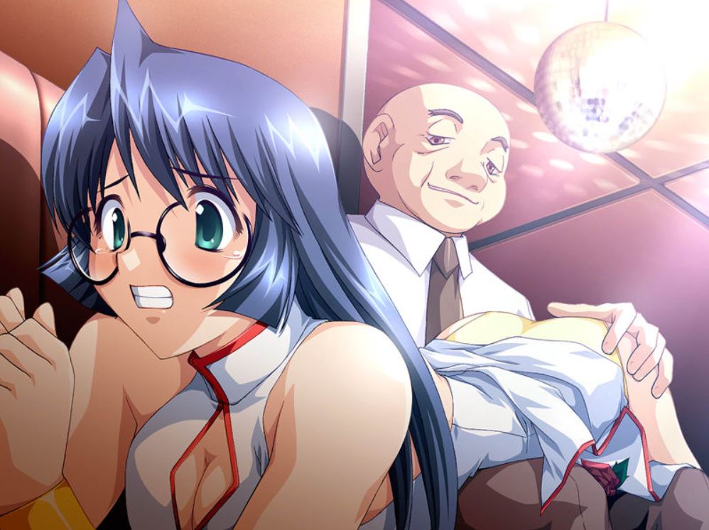 1boy 1girl ass bald bent_over bent_over_lap blue_hair bound bound_wrists china_dress chinese_clothes cleavage_cutout clothes_lift clothing_cutout disco_ball dress dress_lift game_cg glasses green_eyes kopanda_(company) long_hair looking_at_ass necktie panda_house panties pat_girl pelvic_curtain shirt shomina_tomoko short_dress spanked spanking teeth underwear white_dress white_shirt yellow_panties zatou