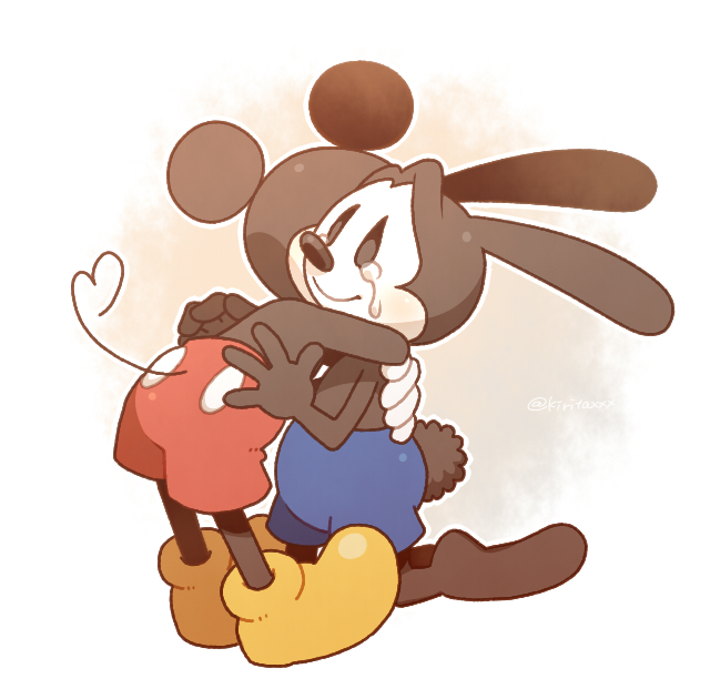 2boys animal_ears disney epic_mickey gloves hug kiri_futoshi male_focus mickey_mouse mouse_boy mouse_ears mouse_tail multiple_boys oswald_the_lucky_rabbit rabbit rabbit_boy rabbit_ears smile tail tears