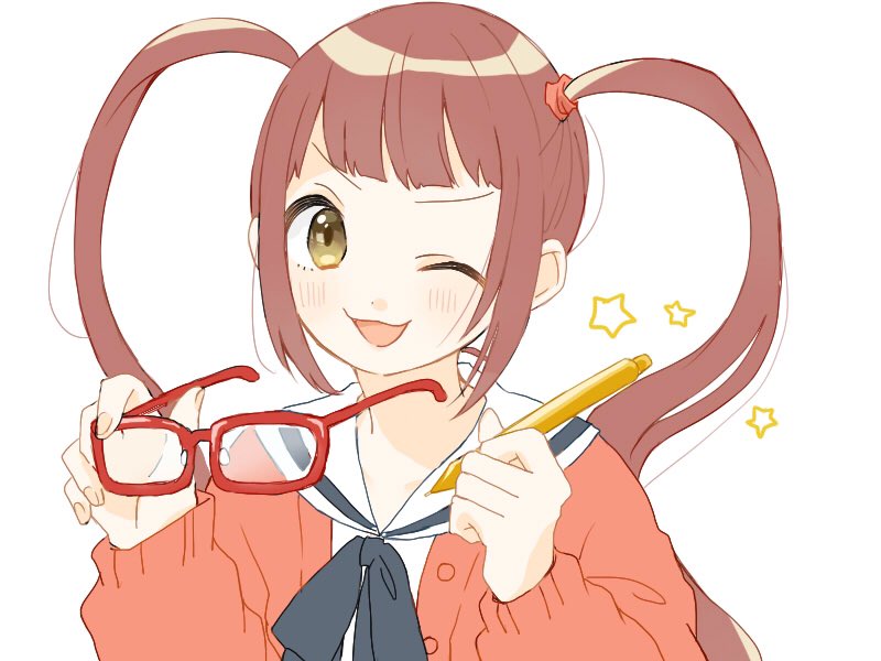 1girl :3 blue_neckerchief blunt_bangs blush brown_hair cardigan collarbone dot_nose hair_tie holding holding_pen holding_removed_eyewear htnmanpp idolmaster idolmaster_million_live! idolmaster_million_live!_theater_days lone_nape_hair long_hair looking_at_viewer matsuda_arisa neckerchief one_eye_closed open_cardigan open_clothes open_mouth pen red-framed_eyewear red_cardigan sailor_collar sidelocks simple_background solo star_(symbol) twintails unworn_eyewear upper_body v-shaped_eyebrows very_long_hair white_background white_sailor_collar yellow_eyes