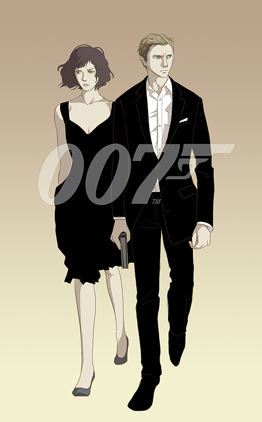 007 1boy 1girl animification bad_id bad_pixiv_id dress formal_clothes gb_(doubleleaf) gun james_bond james_bond_(series) suit weapon