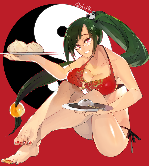 1girl arakune bad_id bad_twitter_id baozi bare_shoulders barefoot bikini blazblue blazblue:_chronophantasma breasts cleavage female_focus food glasses green_hair hair_ornament hyakuhachi_(over3) lao_jiu large_breasts litchi_faye_ling nail_polish panda ponytail red_eyes side-tie_bikini_bottom simple_background sitting solo swimsuit yin_yang