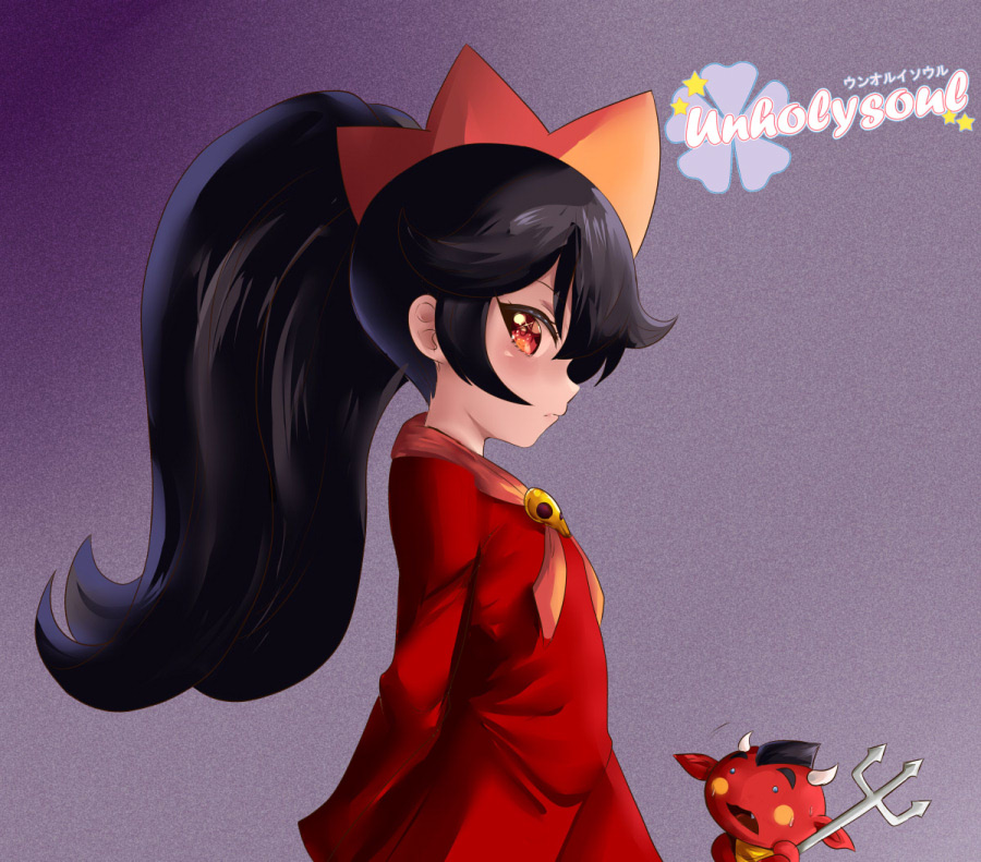 1boy 1girl annoyed arms_behind_back artist_name ashley_(warioware) black_hair blush child closed_mouth cowboy_shot demon dress embarrassed eyebrows eyelashes flat_chest from_side long_hair long_sleeves looking_at_another looking_at_viewer looking_to_the_side looking_up neckerchief nintendo orange_neckerchief profile purple_background red_(warioware) red_dress red_eyes simple_background solo_focus standing surprised twintails unholysoul warioware watermark