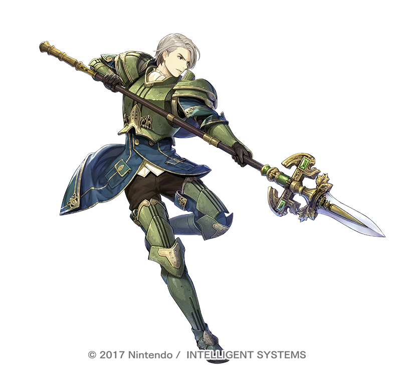 armor asatani_tomoyo black_gloves black_pants breastplate brown_eyes buttons copyright_notice fernand_(fire_emblem) fire_emblem fire_emblem_echoes:_shadows_of_valentia fire_emblem_heroes full_body gloves green_armor grey_hair holding holding_polearm holding_weapon leg_armor male_focus nintendo official_art pants pauldrons polearm short_hair shoulder_armor simple_background weapon white_background