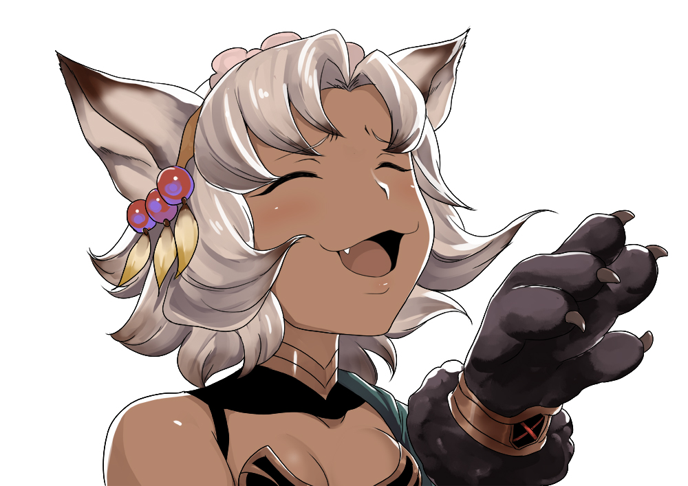 10s 1girl :3 animal_ears animal_hands breasts cat_ears cat_paws cleavage closed_eyes dark-skinned_female dark_skin erune fang female_focus flower granblue_fantasy hair_flower hair_ornament k2isu melleau meruu_(granblue_fantasy) open_mouth silver_hair simple_background solo white_background