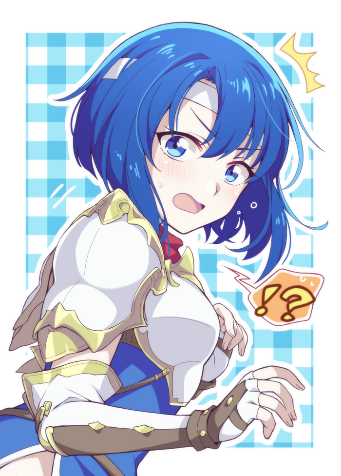 !? 1girl ^^^ armor blue_eyes blue_hair blush catria_(fire_emblem) commentary_request elbow_gloves fingerless_gloves fire_emblem fire_emblem:_mystery_of_the_emblem fire_emblem_heroes gloves headband hiyori_(rindou66) looking_at_viewer nintendo open_mouth pegasus_knight_uniform_(fire_emblem) short_hair solo spoken_interrobang surprised