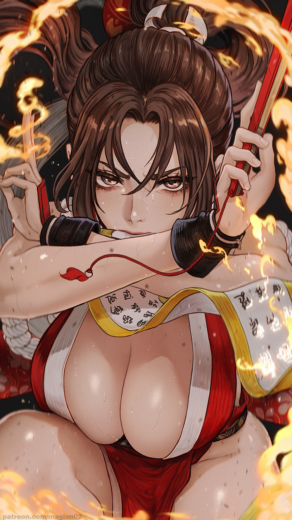 1girl breasts brown_eyes brown_hair cleavage fatal_fury fire folded_fan folding_fan hand_fan high_ponytail highres japanese_clothes large_breasts long_hair looking_at_viewer magion02 mouth_hold paid_reward_available pelvic_curtain revealing_clothes shiranui_mai snk solo sweat the_king_of_fighters