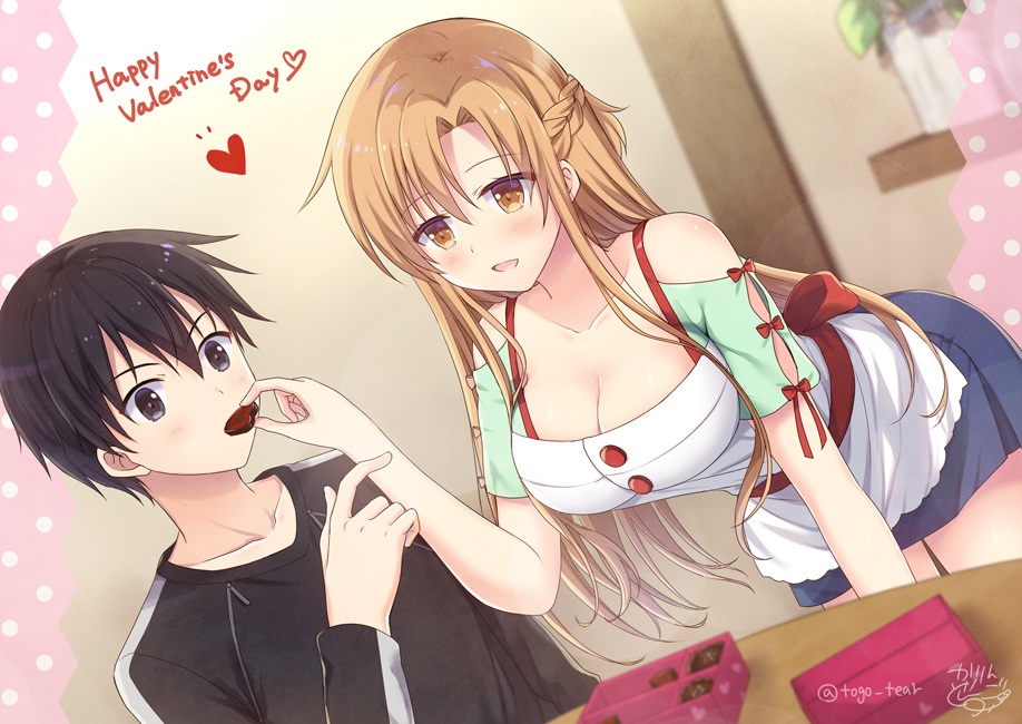 1boy 1girl apron asuna_(sao) black_hair black_sweater blue_skirt blush braid breasts brown_eyes brown_hair chocolate commentary_request happy_valentine heart kirito long_hair looking_at_viewer open_mouth red_ribbon ribbon short_hair skirt smile sweater sword_art_online tougo valentine white_apron