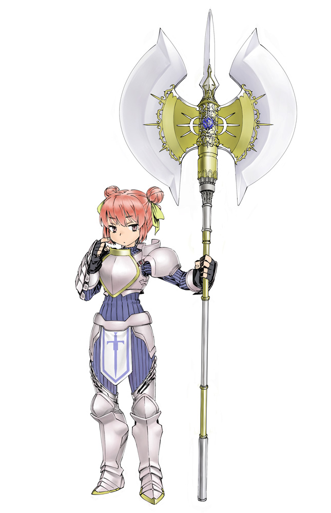 1girl armor armored_boots axe battle_axe black_gloves boots breastplate double_bun female_focus fingerless_gloves gloves hachinan_tte_sore_wa_nai_deshou! hair_bun hair_ribbon muhamado oversized_object pink_hair ribbon shoulder_armor solo standing vilma_etre_von_asgahan weapon white_background