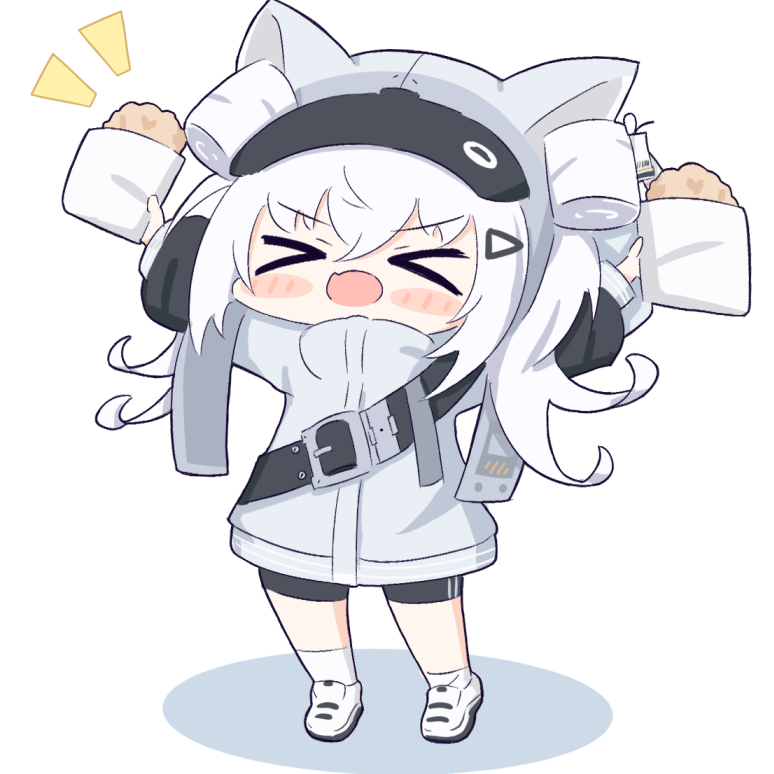 &gt;_&lt; :d animal_ear_headwear animal_ears arms_up asymmetrical_legwear black_jacket black_shorts blush_stickers cat_ears chibi fake_animal_ears fang food full_body goddess_of_victory:_nikke grey_jacket hair_between_eyes holding holding_food hood hood_up hooded_jacket jacket mismatched_legwear multicolored_jacket n102_(nikke) open_mouth shoes short_twintails shorts skin_fang smile sneakers socks twintails two-tone_jacket umihio visor_cap white_hair white_socks