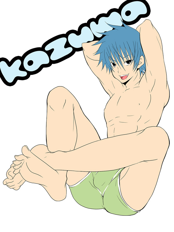 1boy abs arms_behind_head barefoot blue_hair briefs character_name feet male_focus male_underwear muscular nipples pectorals sakuraprin shindou_kazuma simple_background smile soles solo toes underwear white_background