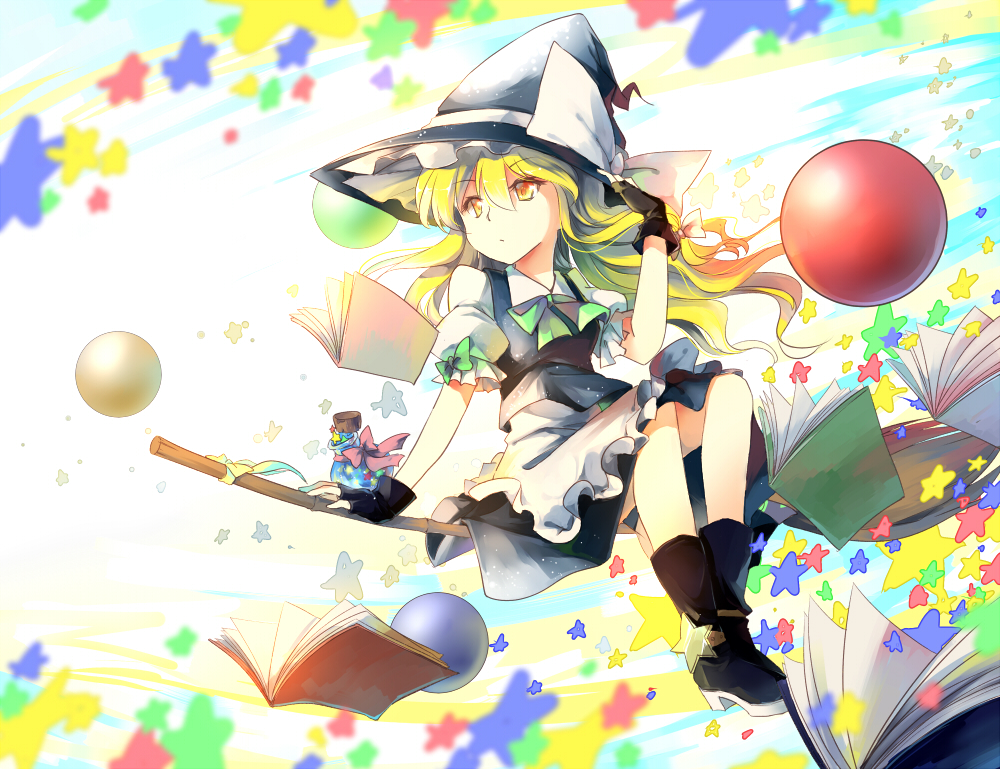 1girl apron bamboo_broom black_gloves blonde_hair book bow broom broom_riding candy dena.ei female_focus fingerless_gloves flying food gloves gradient_background hat hat_bow kirisame_marisa konpeitou open_book puffy_short_sleeves puffy_sleeves shirt short_sleeves sidesaddle skirt skirt_set solo star_(symbol) touhou vest waist_apron witch_hat