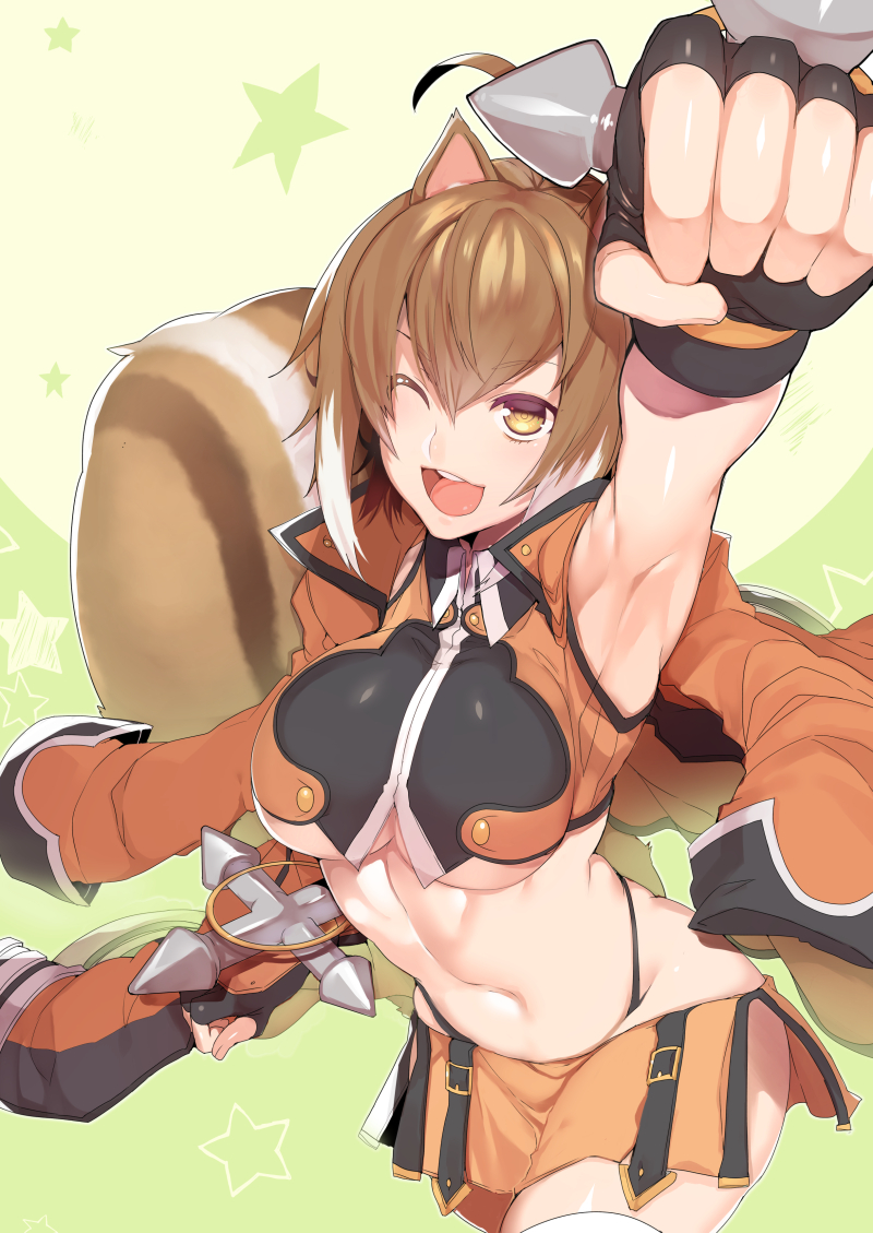 1girl animal_ears blazblue breasts brown_eyes brown_hair fingerless_gloves gloves makoto_nanaya medium_breasts midriff miniskirt one_eye_closed orange_skirt revealing_clothes skirt smile solo squirrel_ears squirrel_tail tail underboob uzukinoko