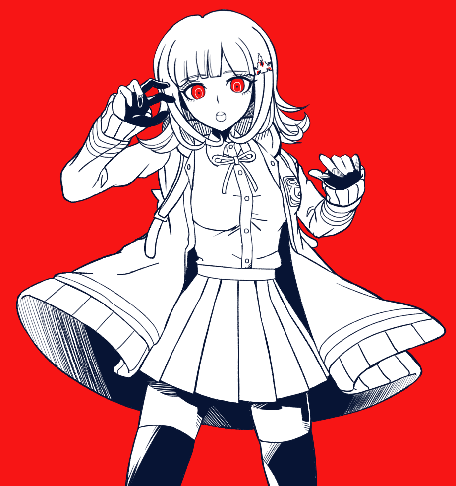 1girl alternate_eye_color blunt_bangs breasts collared_shirt commentary_request cowboy_shot danganronpa_(series) danganronpa_2:_goodbye_despair dress_shirt hair_ornament hairclip hands_up hood hooded_jacket jacket long_sleeves looking_at_viewer medium_hair miniskirt nanami_chiaki neck_ribbon open_clothes open_jacket open_mouth pleated_skirt readybug red_background red_eyes ribbon shirt simple_background skirt solo standing thighhighs zettai_ryouiki