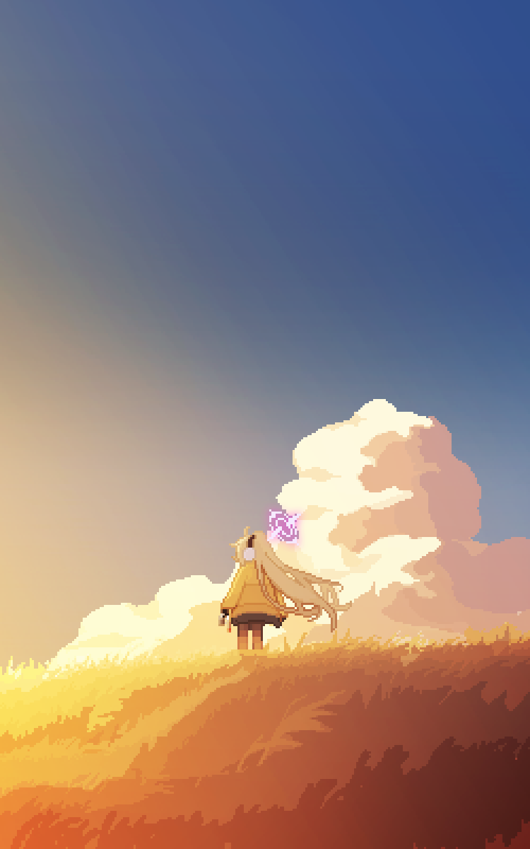 1girl ahoge blonde_hair blue_archive blue_sky cloud commentary earmuffs floating_hair from_behind gradient_sky grass halo highres jacket kotama_(blue_archive) kotama_(camp)_(blue_archive) long_hair long_sleeves official_alternate_costume outdoors pixel_art purple_halo sky solo standing sunset tinia_etru very_long_hair wide_shot yellow_jacket yellow_sky