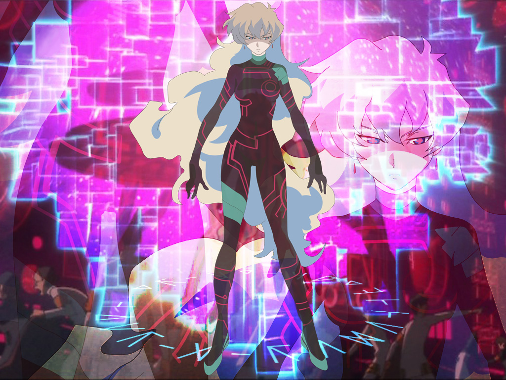 +_+ 00s 1girl antispiral_nia blonde_hair blue_eyes blue_hair bodysuit breasts dark_persona earrings expressionless jewelry long_hair multicolored_hair neon_trim nia_teppelin skin_tight symbol-shaped_pupils tengen_toppa_gurren_lagann two-tone_hair