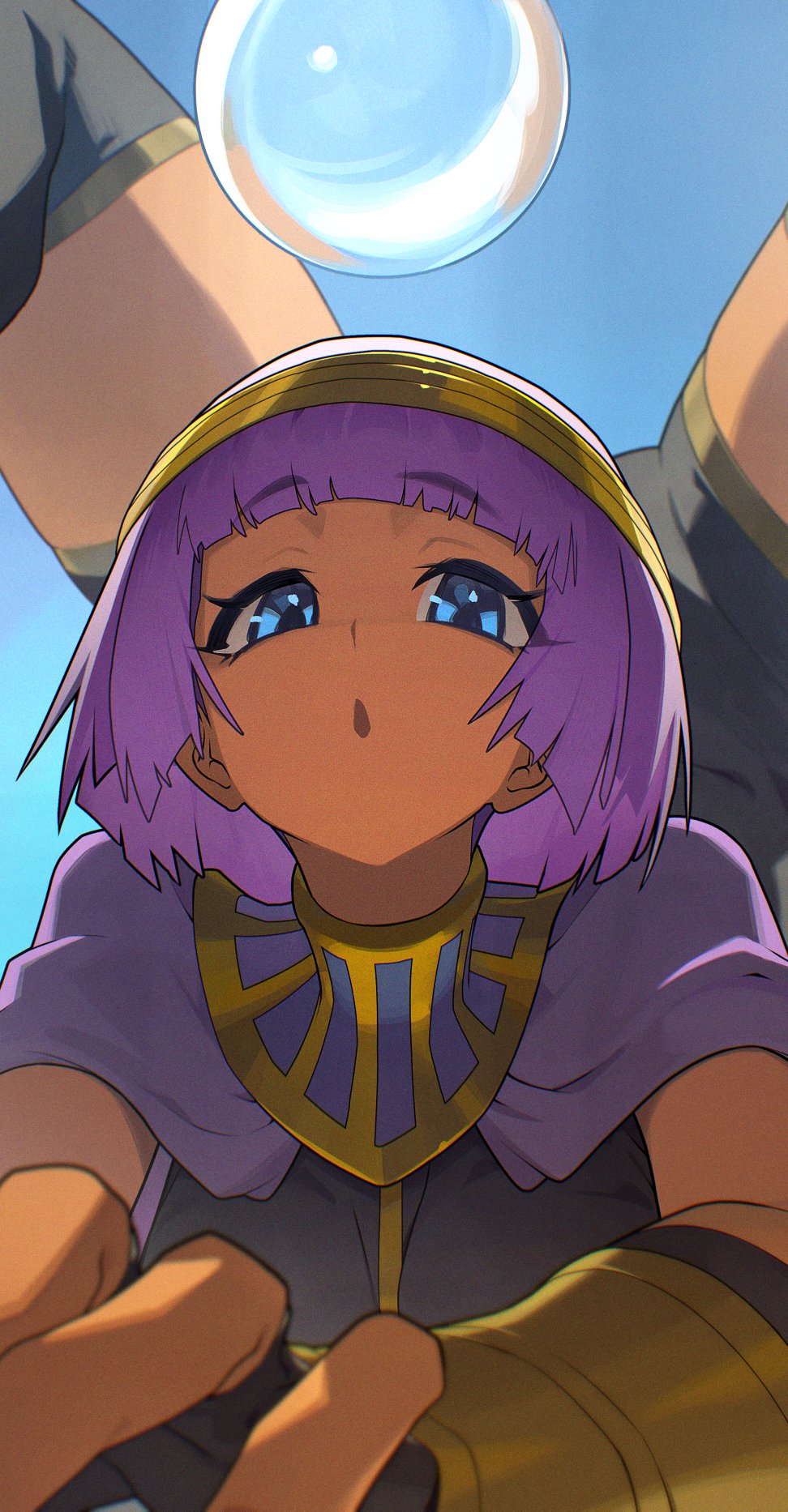 1girl :o arched_bangs bending_backward blue_eyes blue_sky bubble commentary eyelashes hata4564 highres looking_at_viewer medium_hair menat purple_hair raised_eyebrows sky solo street_fighter street_fighter_6 thighs