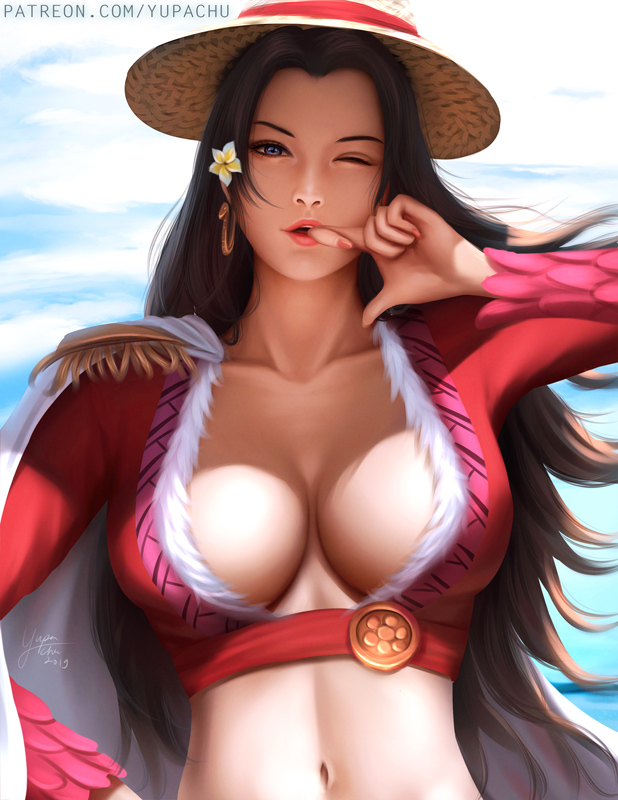 1girl ;o biting black_hair blue_eyes blue_sky blush boa_hancock breasts cleavage cloud collarbone earrings feather_boa biting_finger finger_to_mouth jewelry large_breasts long_hair looking_at_viewer midriff navel one_eye_closed one_piece realistic sky snake snake_earrings solo very_long_hair yupachu