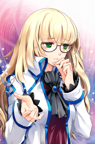 1girl badge blonde_hair blunt_bangs coat cocoon_(loveririn) female_focus glasses green_eyes hand_on_another&#039;s_chin hand_on_own_chin long_hair lowres outstretched_hand solo sword_girls terra_(sword_girls)