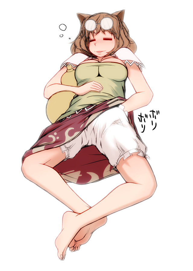 1girl barefoot bloomers blush breasts brown_hair closed_eyes drunk eyewear_on_head feet female_focus full-face_blush full_body futatsuiwa_mamizou glasses gourd hand_under_clothes iromeki_overdrive large_breasts scratching short_hair simple_background skirt sleeping smile soles solo toenails toes touhou translation_request underwear white_background